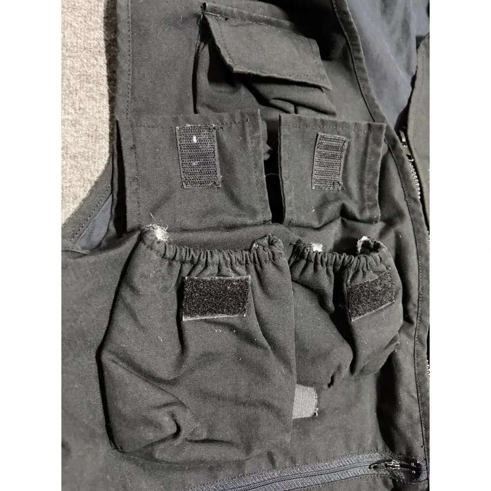 VTG Brian Brothers Utility Vest Mens L Black Graphic Back Multi-Pocket Full Zip